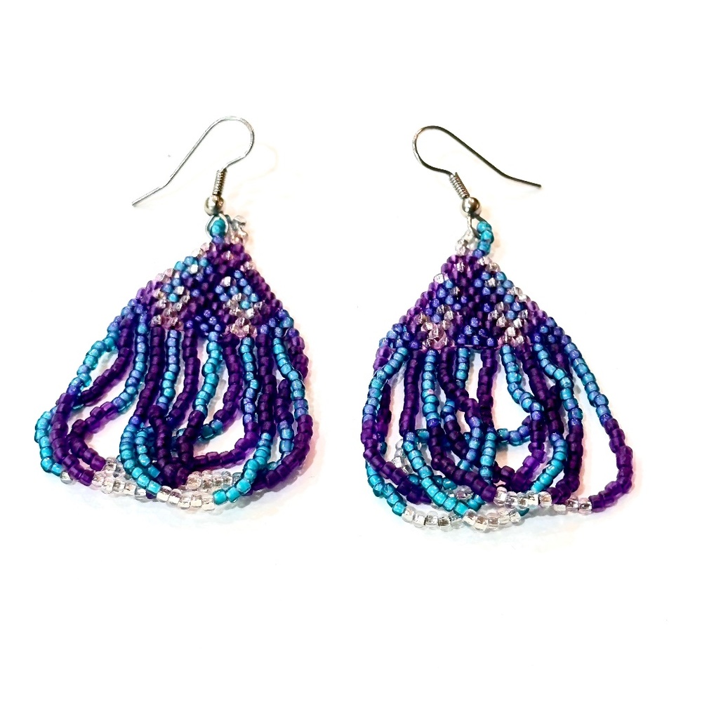 Purple with Teal Handmade Seed Bead Dangle Earrings